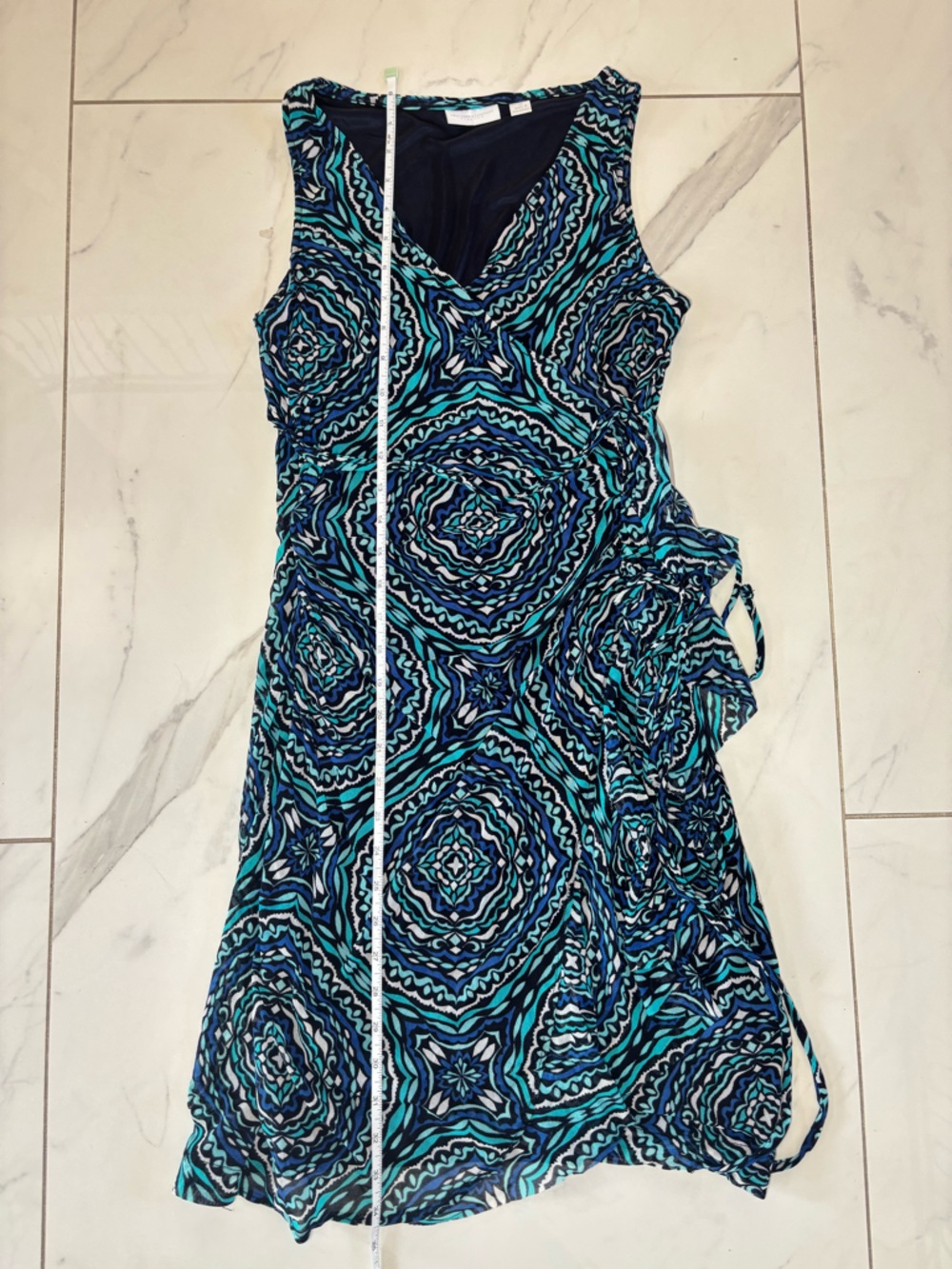 New York & Company Navy Blue and Teal Patterned Wrap Dress like New - Picture 14 of 16